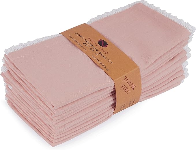 NATURALCRAFT Dinner Cloth Napkins Cotton Linen Blend Fabric 12 Pack Easter Special Edge Finish with Fine Lace for Every Day Use Napkins are Pre Shrunk and Good Absorbency 12x12 (Blush Pink)