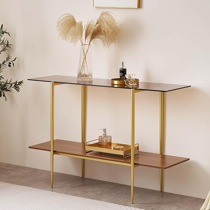 LumFurn Extra Large Glass Console Table for Living Room, Foyer & Entrance, L47 x W16 x H31, Mid-Century Modern Sofa Table with Amber Glass Top, Walnut Finish Wood Top and Gold Finish Metal Frame