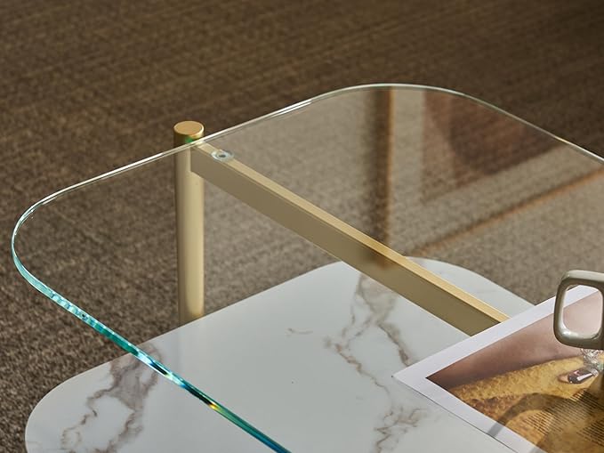 Shrine Oval Coffee Table, Mid-Century Modern Design, 2-Tier Structure, Clear Glass Top and White MDF Shelf, 41" D x 21" W x 17" H, Sleek Conical Metal Legs with Gold Finish