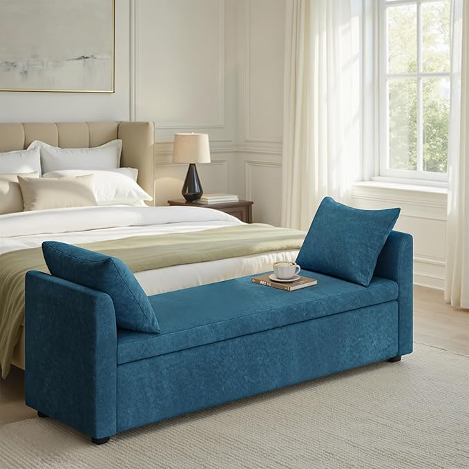59.5" Modern Storage Ottoman Bedroom Bench, End of Bed Benches with Arms and Throw Pillows, Footrest Stool for Living, Dining Room, Entryway and Hallway, Teal