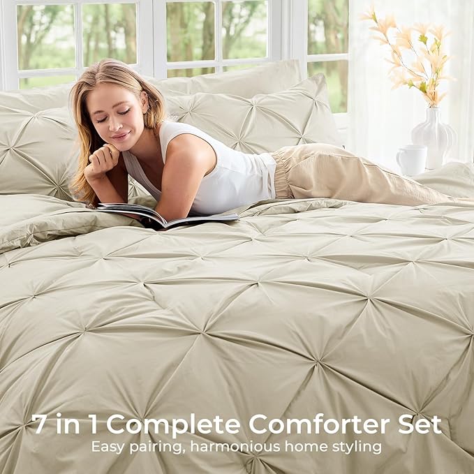 Sasttie California King Comforter Set, 7-Piece Bed in a Bag Cal King, Pintuck Bedding Set for All Season, Includes Comforter, Flat Sheet, Fitted Sheet, Pillowcases and Pillowshams, Linen