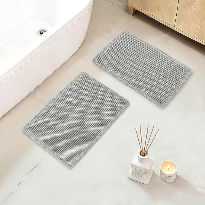 DWCN Waffle Bathroom Mat Set, Super Absorbent Non Slip Bath Rug Set for Bathroom Floor, Shower Mats 2 Pcs for Tub, Washable Kitchen Rugs for Farmhouse Boho Home Decor, 24 x 16 Inch, Grey