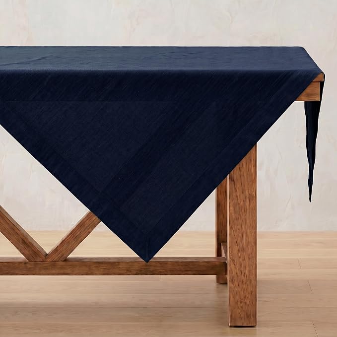 Solino Home Navy Blue Linen Tablecloth 52 x 52 Inch - 100% Pure Linen Square Table Throw - Fete, Machine Washable Table Cloth for Summer, 4th of July