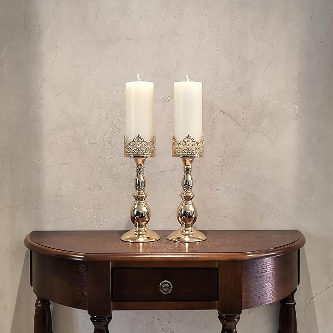 Candle Holders for Pillar Candles Gothic Gold Vintage Tall Candle Holders Set of 2 Decorative Large Table Centerpieces Candle Stand Decor (Gold 2PCS A)
