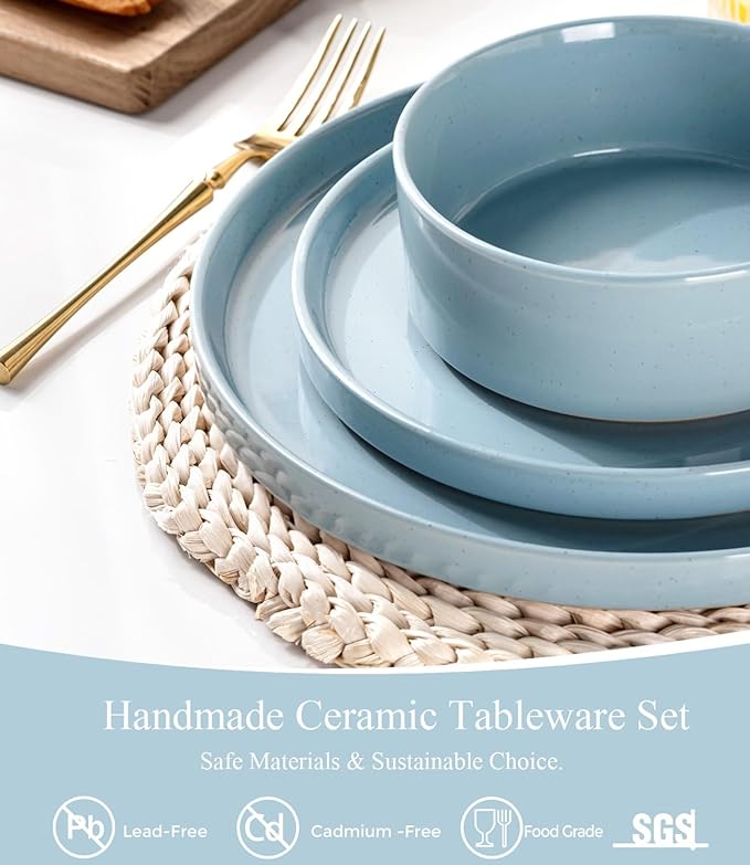 AmorArc Ceramic Dinnerware Set for 4 | Speckled Stoneware Plates and Bowls with unglazed terracotta | Scratch Resistant, Dishwasher & Microwave Safe Dishes Sets- 12-Pcs Blue
