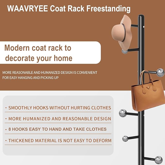 Modern Metal Coat Rack Stand, Coat Rack Freestanding with Natural Marble Base, Sturdy Heavy Duty Coat Racks with 8 Hooks, Black Coat Hall Tree Stand for Entryway, Office
