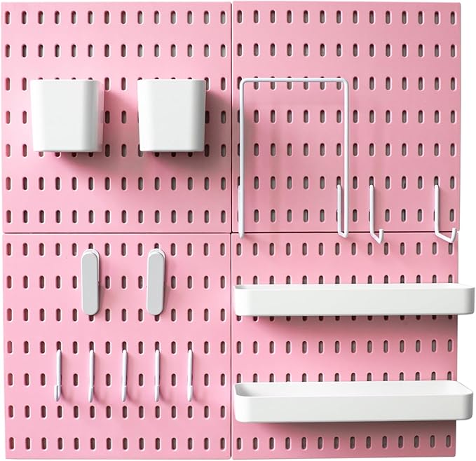 MULSAME Pegboard Combination Kit, Wall Mounted Storage Set with 4 Pegboards & 14 Accessories Hanging, Pink Peg Boards Organizer for Walls Display, Crafts Organization, Kitchen Organizer, 22" x 22"
