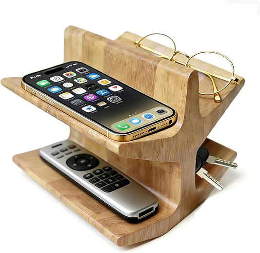 Wooden TV Remote Holder & Eyeglass Stand-Decorative Remote Control Holder Bedside Organizer for Coffee Table, Multi-functional Remote Caddy with Reading Glasses Storage (Wooden)