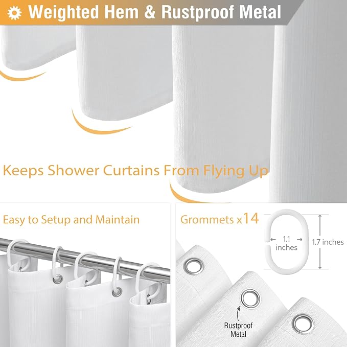 BTTN Fabric Shower Curtain, Linen Textured Heavy Duty Polyester Cloth Shower Curtain Set with Plastic Hooks, White, 84" W x 72" L (Pack of 1)