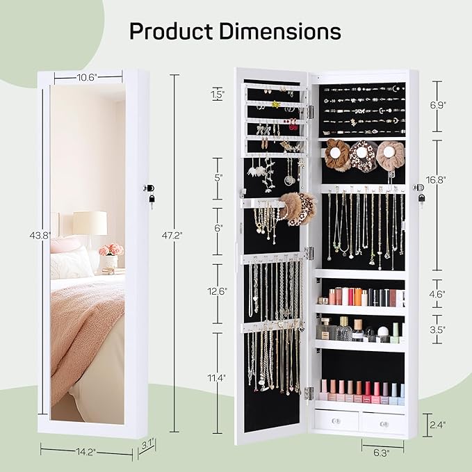 Jewelry Organizer Cabinet, 47.2-Inch Lockable Jewelry Armoire with Full-Length Mirror, Wall or Door-Mounted, Large Storage with 6 LEDs, 3.85" D x 14.25" W x 47.24" H, White