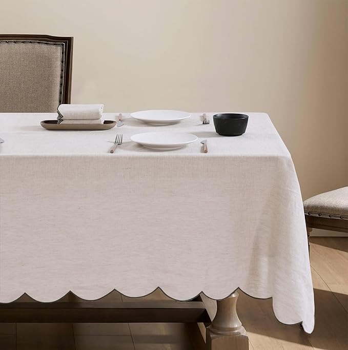 100% French Flax Linen Tablecloths Scalloped Embroidery Rectangle 84Lx60W Inch for Dinners, Parties, Spring, Machine Washable, 6-8 Sets, Linen(Edges-Green)