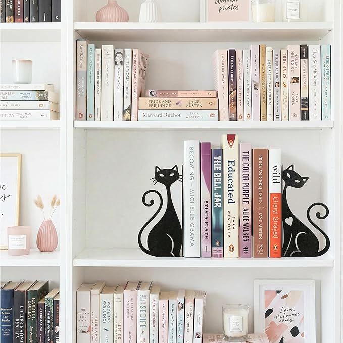 Atomic Cat Metal Bookends Set of 2 Cute Book Ends for Shelves Bookshelf Decorative Objects Home Office Desk Bookshelf Decor Gift for Cat Lovers and Reading Enthusiasts (Black)