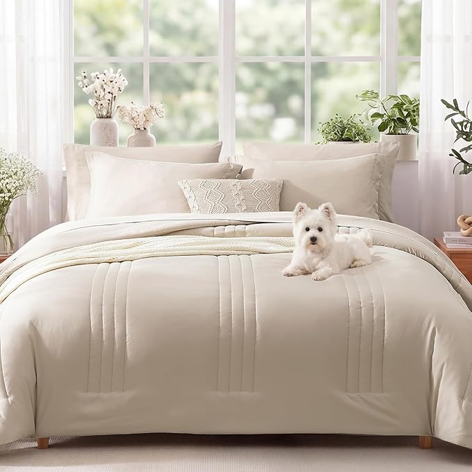 Monbix King Size Comforter Set - 7 Pieces Bed in a Bag King, Apricot Beige King Bedding Sets with Comforter, All Seasons Comforter Bed Set with Sheets, Pillowcases & Shams