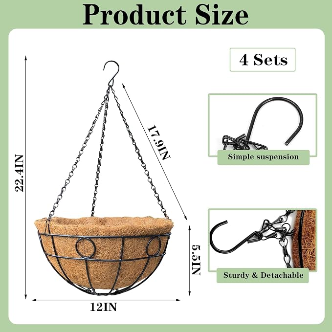 4 Pack 12 Inch Black Metal Hanging Planter Baskets with Coco Coir Liner Sturdy Hanging Flower Basket for Outdoor Indoor Garden Porch Patio Balcony Decor (Round)