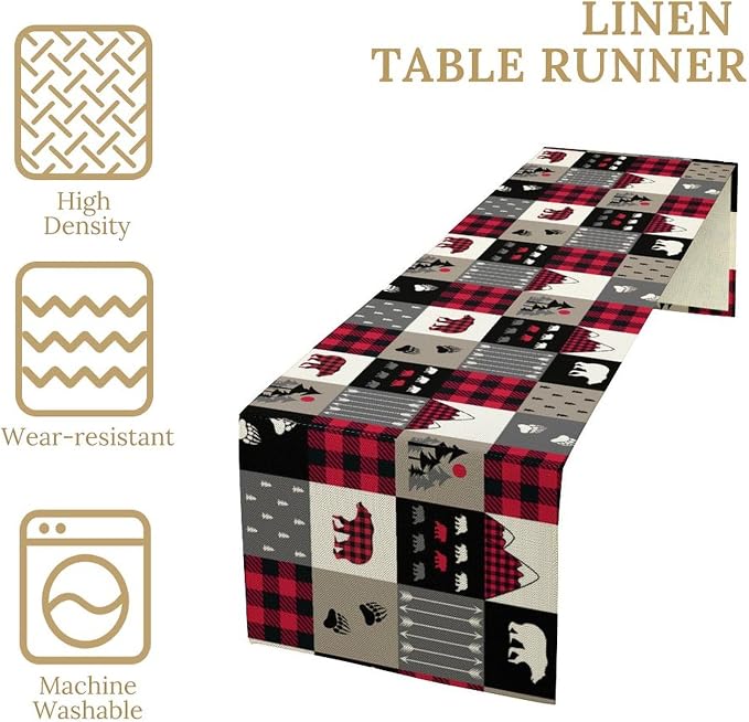 Vintage Rustic Table Rustic Cabin Red Brown Bear Retro Wildlife Farmhouse Theme for Kitchen Dining Room Holiday Party Family Gatherings Decor 13x120in