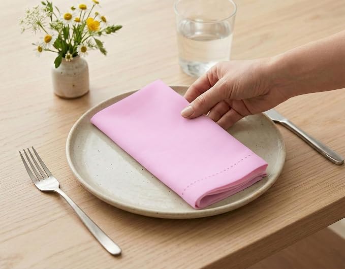 PurpleEssences Set of 12 Hemstitch Cloth Dinner Napkins 100% Cotton - Soft Durable Washable - Ideal for Wedding Spring Easter Summer - Perfect Everyday Use Table Linen 18x18 - Blush Pink