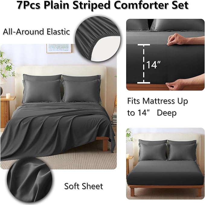 CozyLux Full Size Comforter Sets - 7 Piece Bed in a Bag Dark Grey Comforter Set with Sheets Bed Set All Seasons, Soft Bedding Set with Down Alternative Comforter, Sheets, Pillowcases & Shams