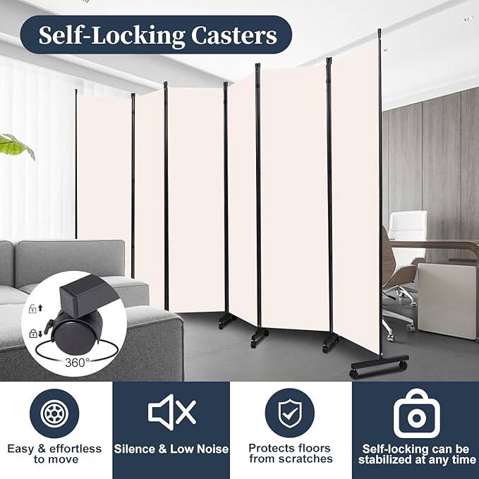 Room Divider Folding Privacy Screens W/Lockable Wheels, 132'' Partition Room Dividers Freestanding Room Divider Fabric Panel for Room Separation Wall Divider Bedroom