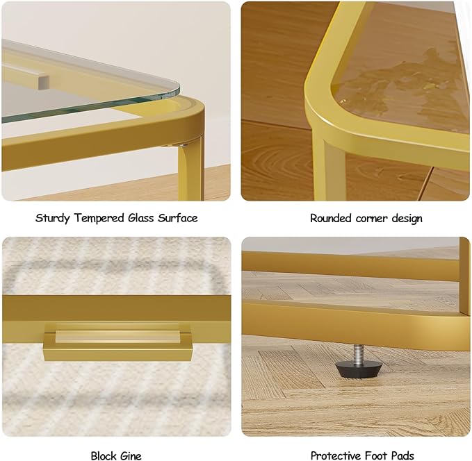 Garden 4 you Glass Side Table, Rectangle End Table with Metal Frame, Modern Bedside Table for Office, Bedroom, Living Room, Study, Small Spaces, Easy Assembly, 15.75 * 11.81 * 20.87 Inches, Gold