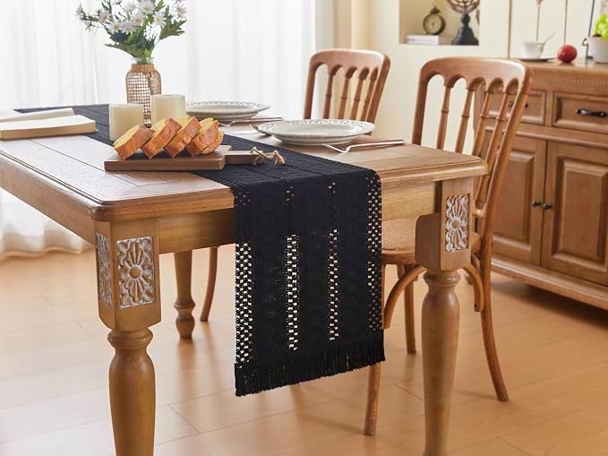 YATOJUZI Black Table Runner Pure Black Boho Table Runners with Tassels 36 Inches Seasonal Small Table Runner Rustic Farmhouse Table Runners for Bohemian Dining Bedroom Kitchen Decor 12x36 Inches