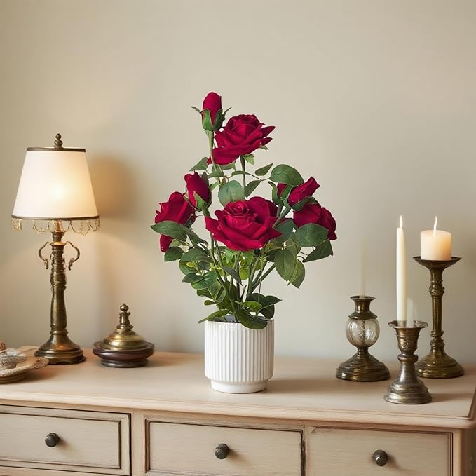 Artificial Rose Plant with Ceramic Vase,Home Decor Potted Floral Arrangement,Silk Roses Artificial Flowers (Red)