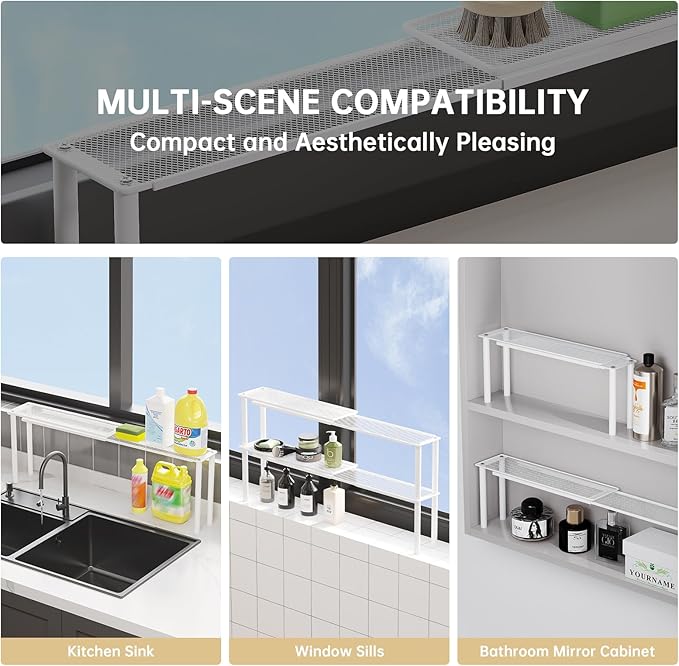 Expandable Window Shelf for Plants Kitchen Sink Organizer Stackable Narrow Shelves Kitchen Countertop Holder Mesh Design (2, White)