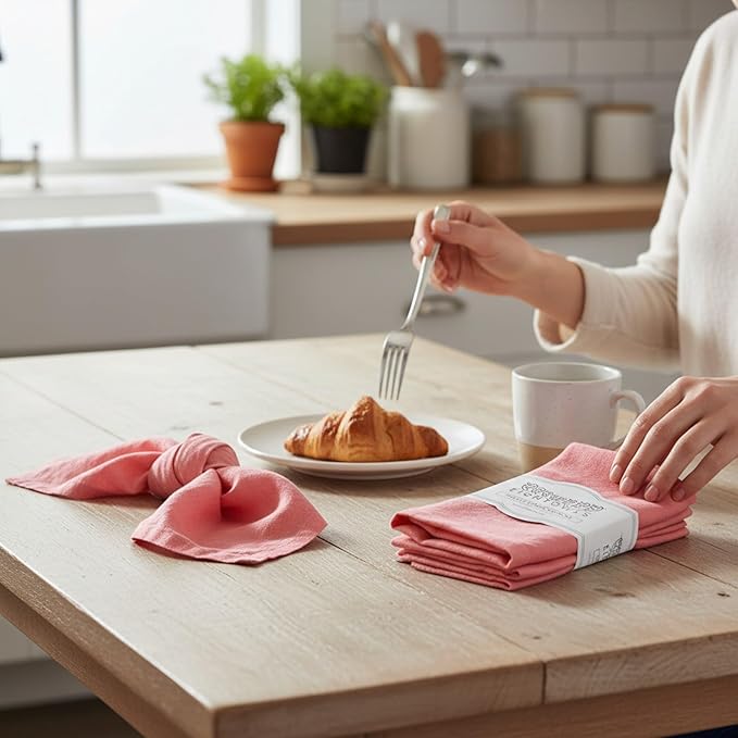 Linen Napkins –100% French Flax – Stonewashed Pure Linen Cloth Napkins - Size 18 Inch x 18 Inch – Set of 4 (Sunset Pink)