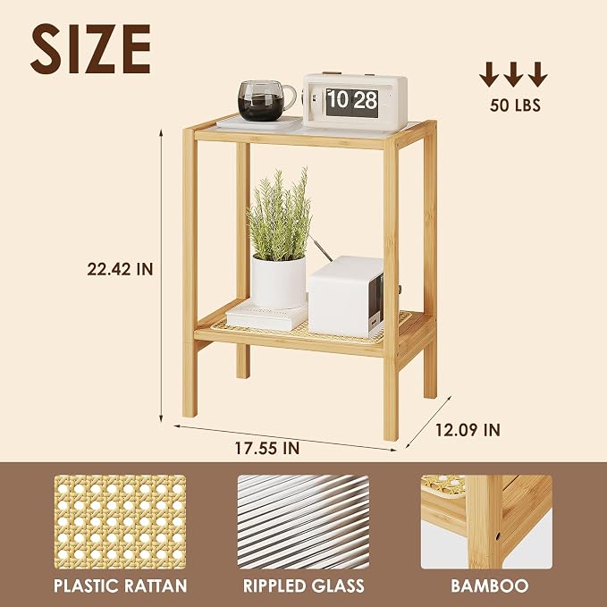 Bamworld Side Table Nature Rattan Night Stand Glass End Table 2-Tier with Storage Boho Bedside Table for Small Spaces Bamboo Coffee Table for Bedroom Living Room