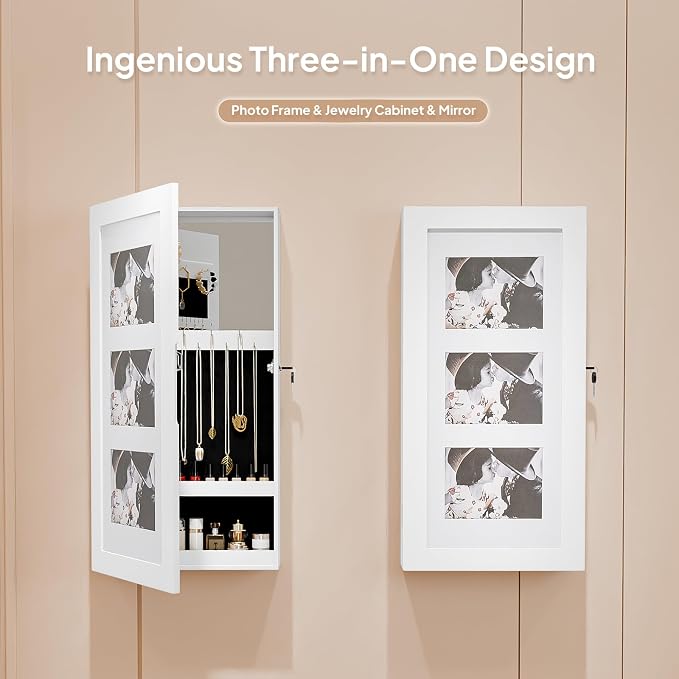 Bonnlo Jewelry Armoire with Photo Frame, 23.62 x 11.81 x 3.55 inch, Small Storage Jewelry Cabinet Organizer, Wall Mount (White)，Chic Bedroom Furniture & Gift for Women