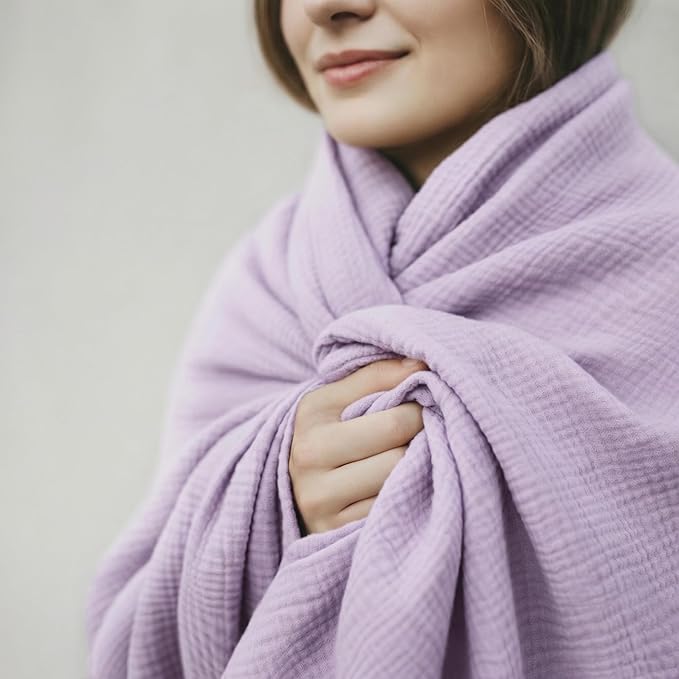 4-Layer Muslin Cotton Queen Bed Blanket (90 x 90 inches) – Ultra Soft Breathable Gauze, Lightweight All-Season Cozy Blanket, Machine Washable – Lavender