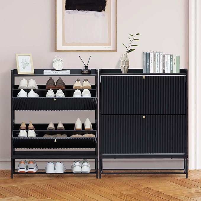 RARZOE Set of 2 Fluted Shoe Cabinets for Entryway with 2 Flip Drawers, Narrow Wood Shoe Cabinet with Fluted Panel, Freestanding Hidden Shoe Rack with Metal Legs for Foyer,Hallway(31.5''Black)