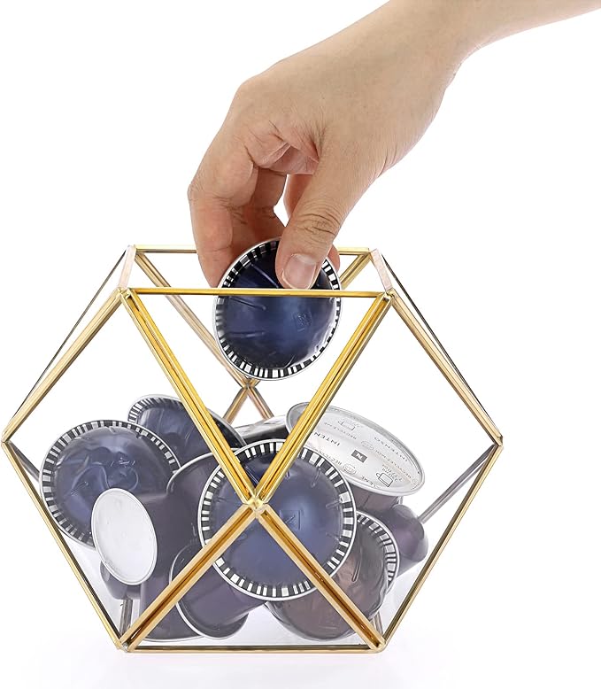 ELLDOO Gold Glass Coffee Pods Holder, Large Capacity 14 Sided Glass Box for K Cups & Nespresso Capsules, Coffee Capsule Storage for Counter Coffee Bar, Kitchen, Office