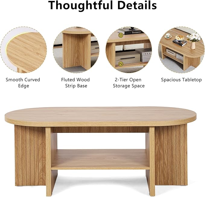XUZENEST 43.3" Coffee Table with Storage, Oval Coffee Tables for Living Room, Farmhouse Fluted Coffee Table with Large Storage Shelf, Wood Center Table for Small Space, Natural