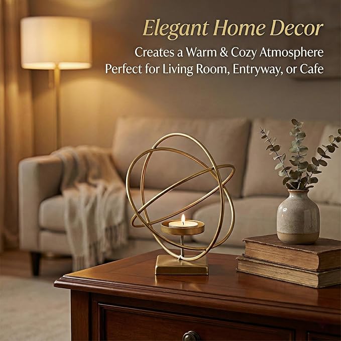 Gold Hurricane Candle Holder – Modern Metal Candle Holder Decor with Geometric Ring Design, Elegant Candle Stand for Pillar Candles & Table Decor, Indoor Decorative Lantern Style Accent