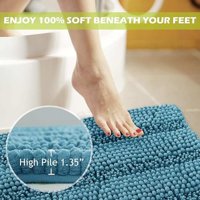 KGORGE Machine Washable Shower Rugs - Water Absorbent Non Slip Soft Quick Dry Shaggy Microfiber Small Bath Mats for Kitchen Floor Tub Shower Entryway, Bluish Green, 47" W x 17" L, 1Pc