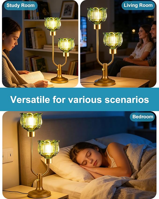 Lightdot Mid Century Modern Glass Green Table Lamp Dimmable U-Shaped Gold Desk Lamp with Lotus Glass Shade & 2Pcs Bulbs Included 3000K Warmwhite Nightstand Lamp for Living Room Bedroom End Table