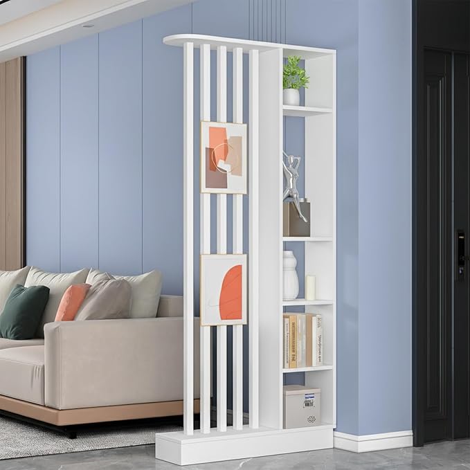 Wall Room Divider, Freestanding Wood Room Divider Shelf with Shelves, Divider Screen Separator Screen with Storage, Wall Divider for Room Separation, for Home Office Decorative(White,31.4IN)