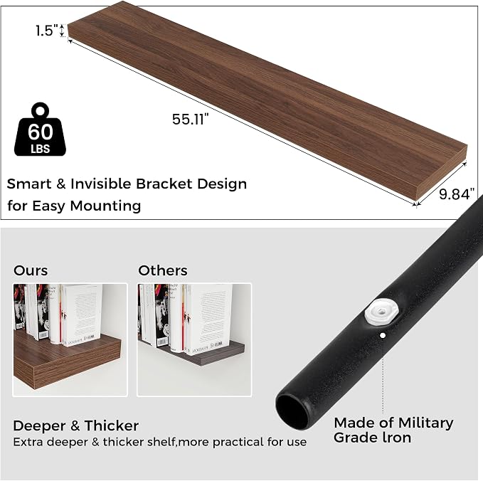 Floating Shelves for Wall 55 inch Long, Engineered Wood Large Wall Shelves with Invisible Brackets for Living Room Bedroom Bathroom Office Kitchen Decor and Storage, Walnut Finish, Set of 1