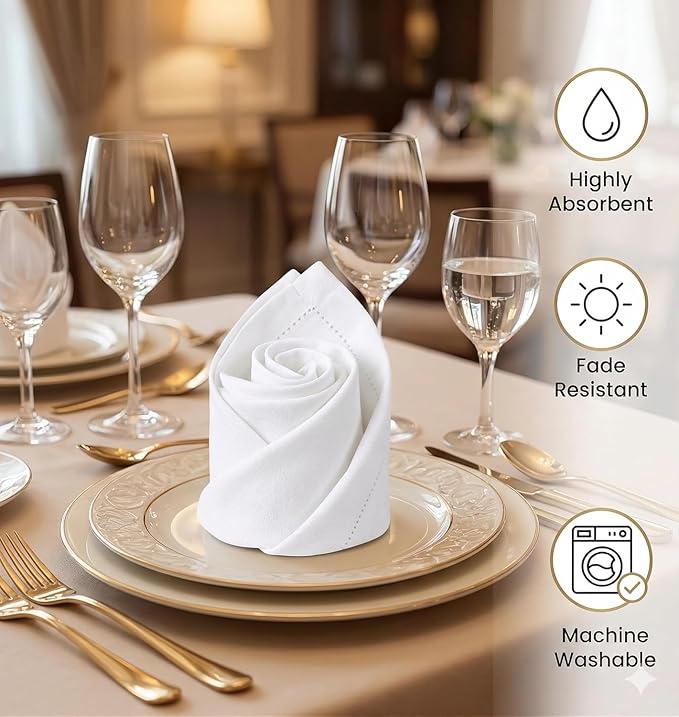 Urban Villa Cloth Napkins 100% Cotton Highly Absorbent Washable Reusable Premium Dinner Napkins Ideal for Gifts for Mothers Day Hotel Farmhouse Parties - White - Hemstitch (20" x 20", Set of 6)