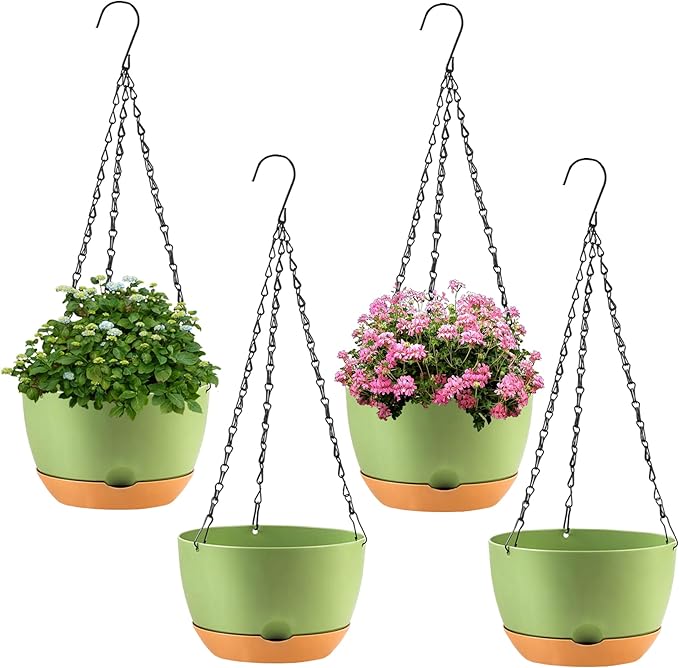 KPUVX 4 Pack Plastic Hanging planters for Indoor Plants,8 Inch Plant Pot Indoor Outdoor Hanging Baskets,Hanging Flower Pots with Drainage Holes and Chain for Garden Porch Plants (Green)