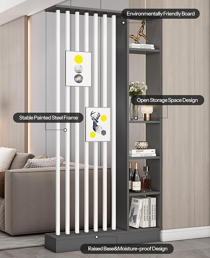 Wall Room Divider, Storage Cabinet Storage Display with Shelves, Modern Freestanding Wood Room Divider Screen, Wall Privacy Screens for Home Decorative (Grey+White,35.4" L x 9.5" W x 79.5" H)