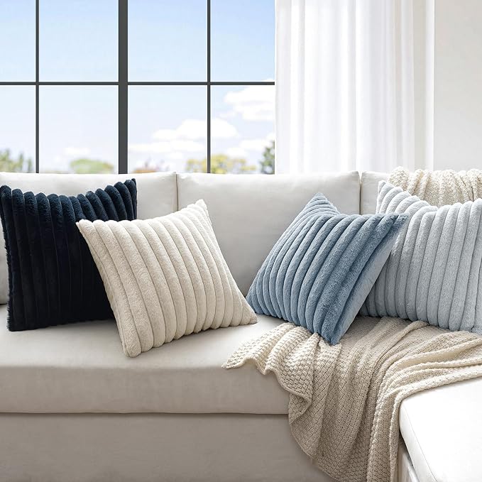 MIULEE Faux Fur Plush Decorative Throw Pillow Covers 16x16 Set of 4, Spring Modern Soft Fuzzy Coastal Striped Cushion Covers for Sofa Couch Bed Living Room Cozy Home Decor,Navy Blue