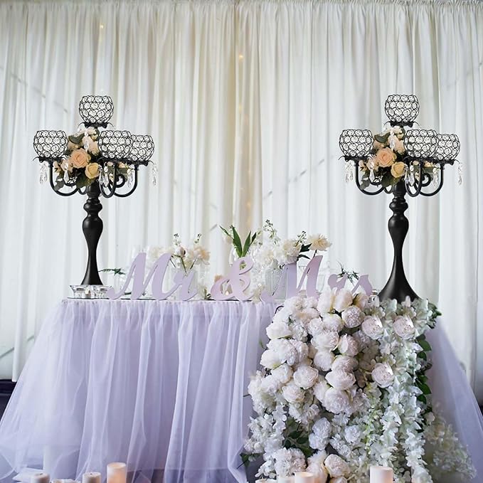 Set of 4 Crystal Tea Light Candle Holders - 22.5" Tall Metal & Crystal Centerpiece with Weighted Base for Birthday Valentine Dinner Table Decor- Matte Black