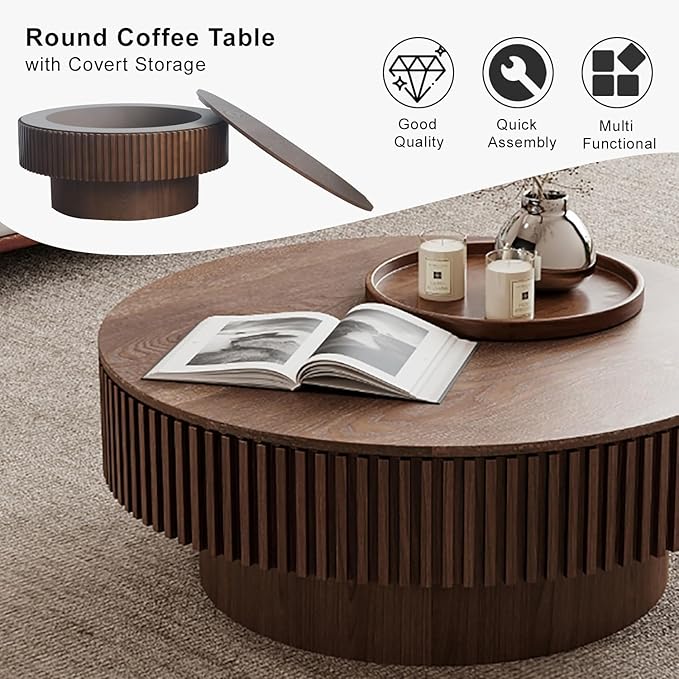 Round Coffee Table with Storage, Modern Wooden Coffee Table with Solid Wood Veneered, Circle Center Table Accent Tea Table for Living Room Apartment Small Space (31.5''L × 31.5''W × 14''H, Walnut)