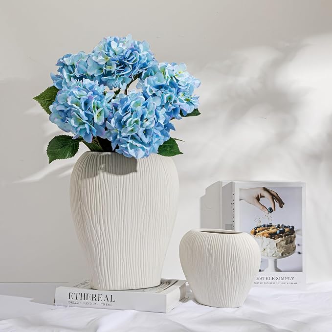 Slim Flat Ceramic Vase for Home Decor, 13" Ribbed Modern Flower Vase, Space-Saving Narrow Decorative Vase for Pampas Grass Artificial Flowers, Farmhouse Boho Table Centerpiece, White