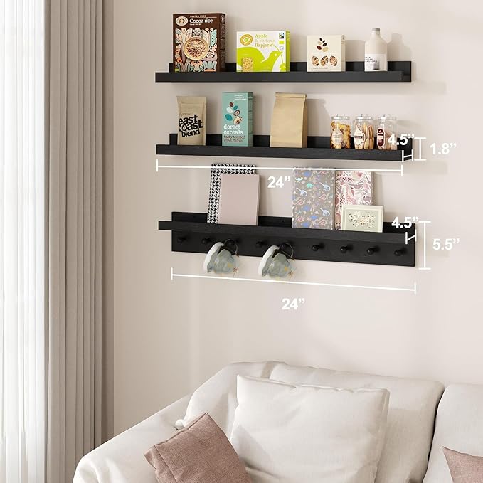 MBYD Solid Wood Black Floating Shelves for Entryway, 24 Inch Wall Shelf with Hooks & Wooden Pegs, Modern Versatile Picture Ledge to Organize Living Room, Bedroom, Declutter Items & Hang Keys, Bags
