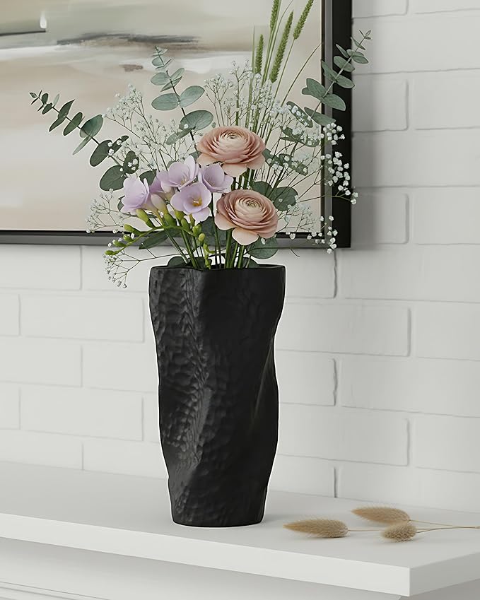 Black Matte Ceramic Vase, 9.9 Inch Organic Nature Shape, OOSTONEE Modern Wabi Sabi Decor Gothic Unique Flower Vase for Home, Living Room, Bedroom, Dining Table, Centerpiece Decor