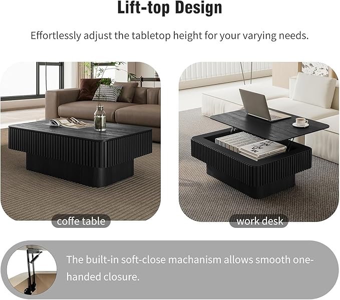 LKTART Lift Top Coffee Table for Living Room, Mid Century Modern Coffee Table with Hidden Storage, Solid Wood Veneered Rectangle Center Tea Table for Small Space Apartment (38.6''L×14''H-Black)