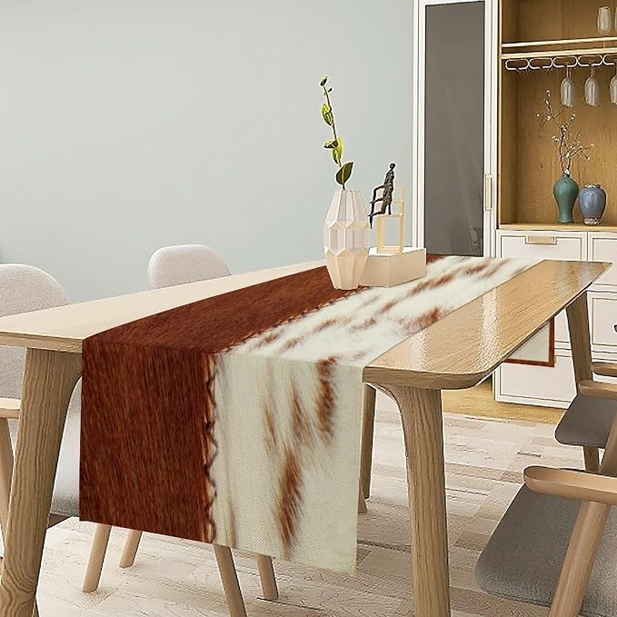 Cow Print Table Runner, Brown White Cowhide Print Western Style Table Runner Country Farmhouse Cottage Cow Patten Table Decoration for Home Kitchen Dining 13x90 Inch