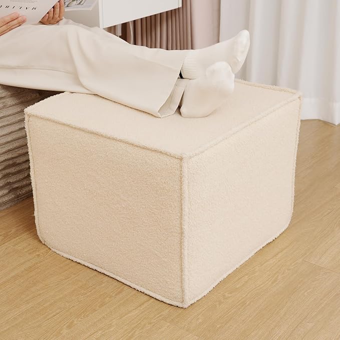 Square Ottoman Foot Rest,Small Pouf for Couch,Coffee Table - Boucle Upholstered Foot Stools Applicable to Living Room & Bedroom & Dorm - Compressed Poufs,Beige